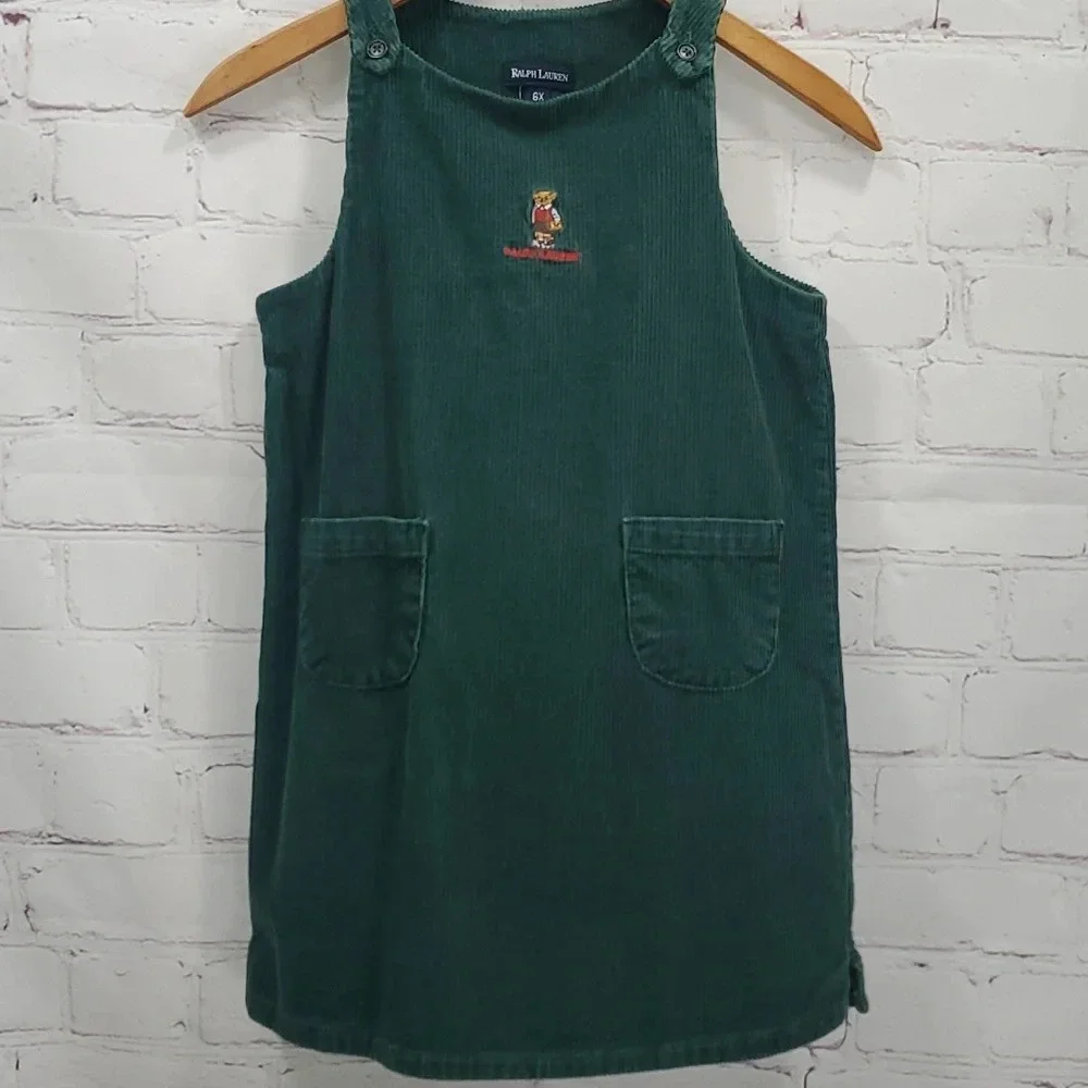 Ralph Lauren Green Corduroy Dress Overall Embroidered Bear Size 6x